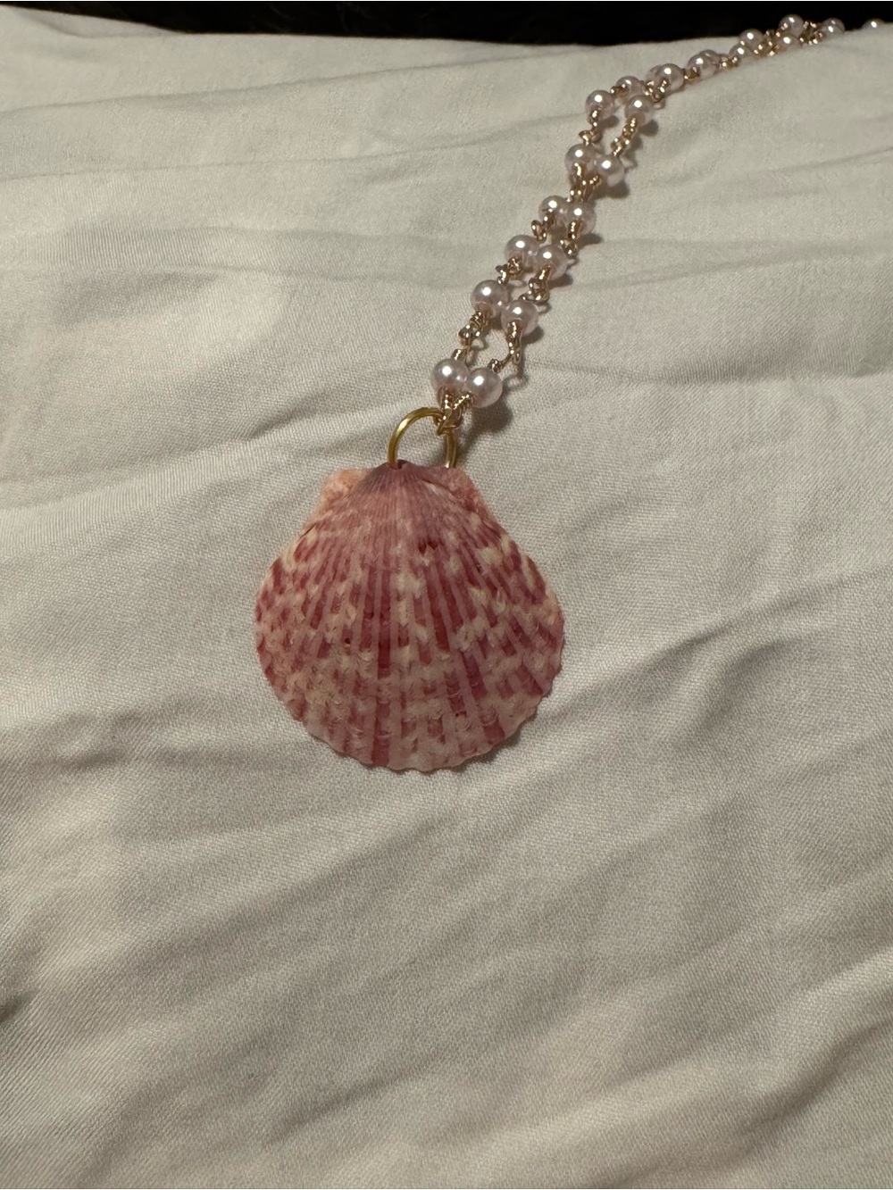 Gold Pearl Chain Necklace with Pink Shell Pendant - Picture 7 of 12